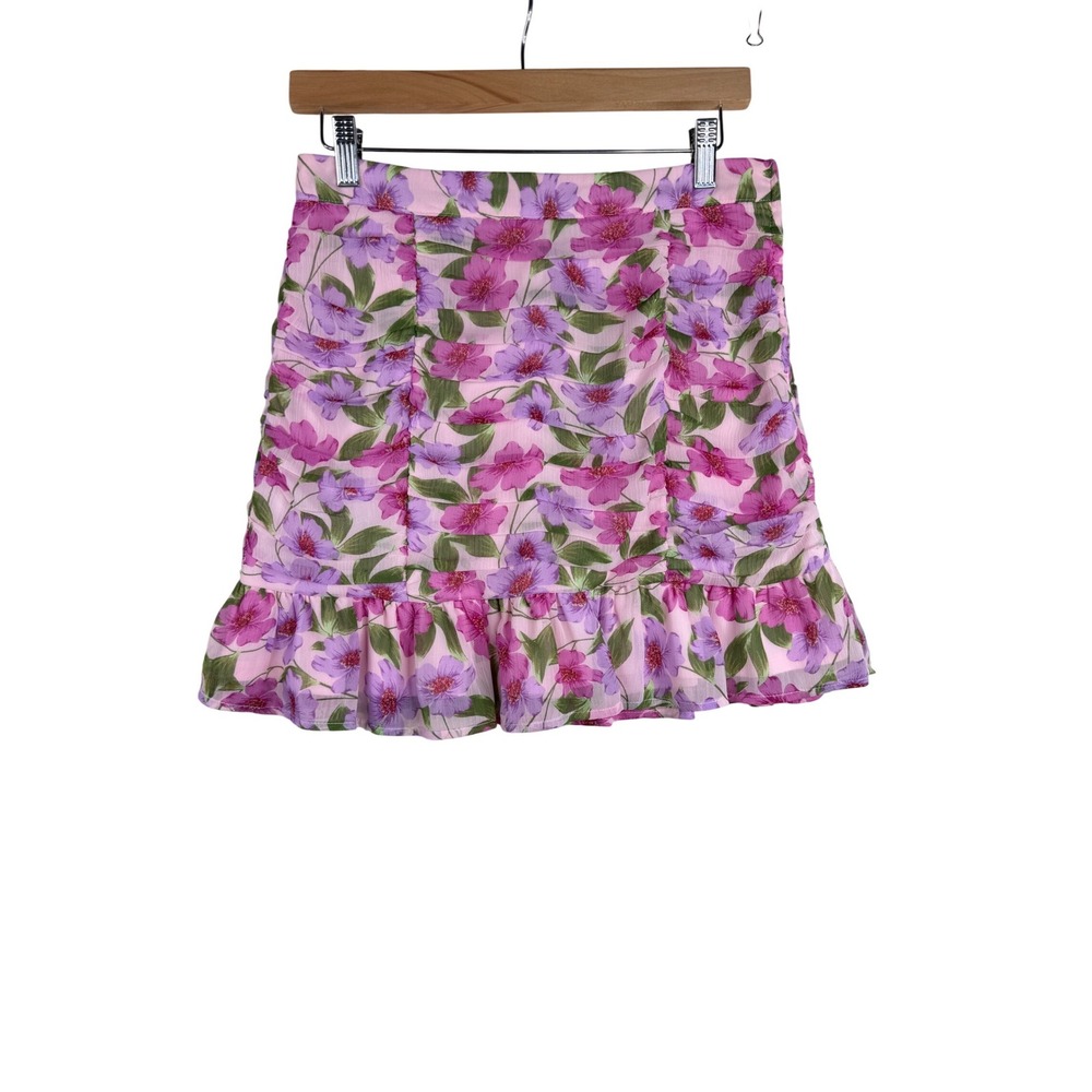 Gianni Bini Floral Ruched Mini Skirt size Medium Pink/Green/Purple